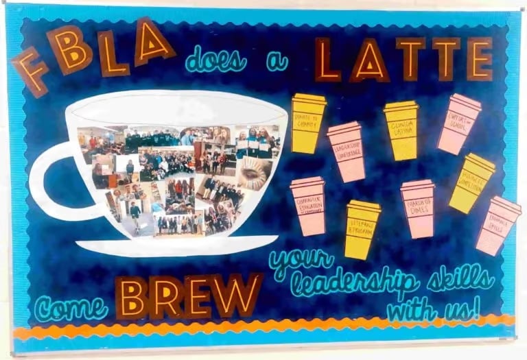 Come Brew Your Leadership Skills With Us fun office bulletin board idea and unique bulletin board for the classroom